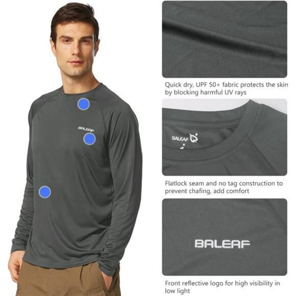 Mens UPF 50 Long Sleeve Sun Shirt Quick Dry Rash Guard Hiking Fishing Tee - Picture 3 of 7